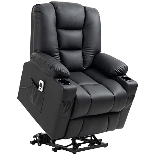 HOMCOM Sessel mit Aufstehhilfe, Massagesessel, Relaxsessel mit USB-Anschluss, Fernsehsessel mit Liegefunktion, Rollen, Fernbedienung, Fußstütze, PVC, bis 150 kg, Schwarz